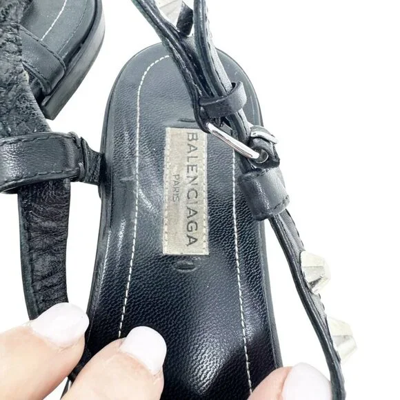Balenciaga Paris Moto Stud Ankle T Strap thong Sandals Black Leather size 37 7 - Picture 12 of 13